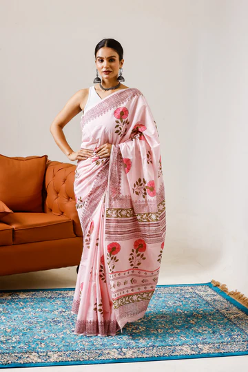 Gulaabo — pink pure mulmul cotton saree with hand block-printed florals