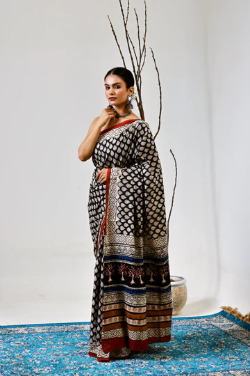 Shahi Nazrana — black mulmul cotton saree with booti block print